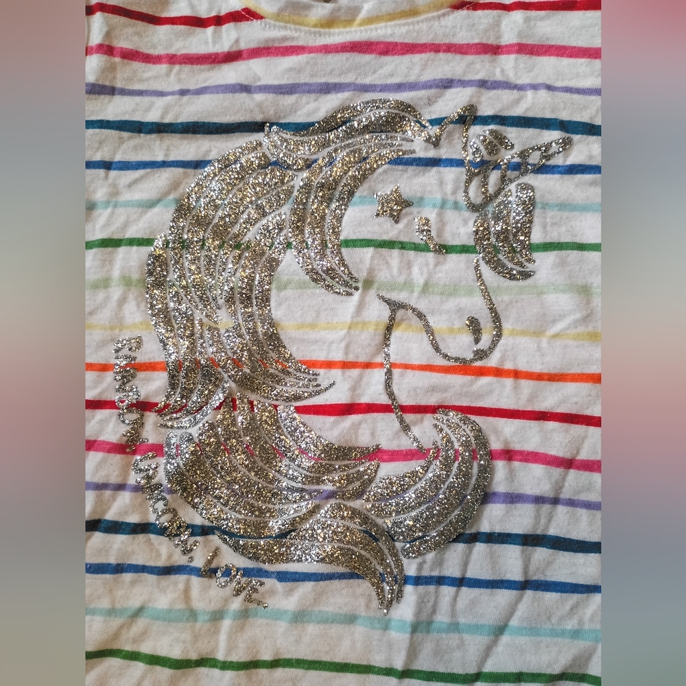 Silver Glitter Graphic Long Sleeve Girls Tee with Rainbow Stripes Size 7/8